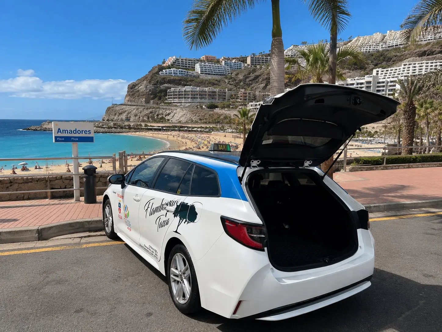 The open boot of the Corolla Touring, with the Telde coat of arms on the bodywork